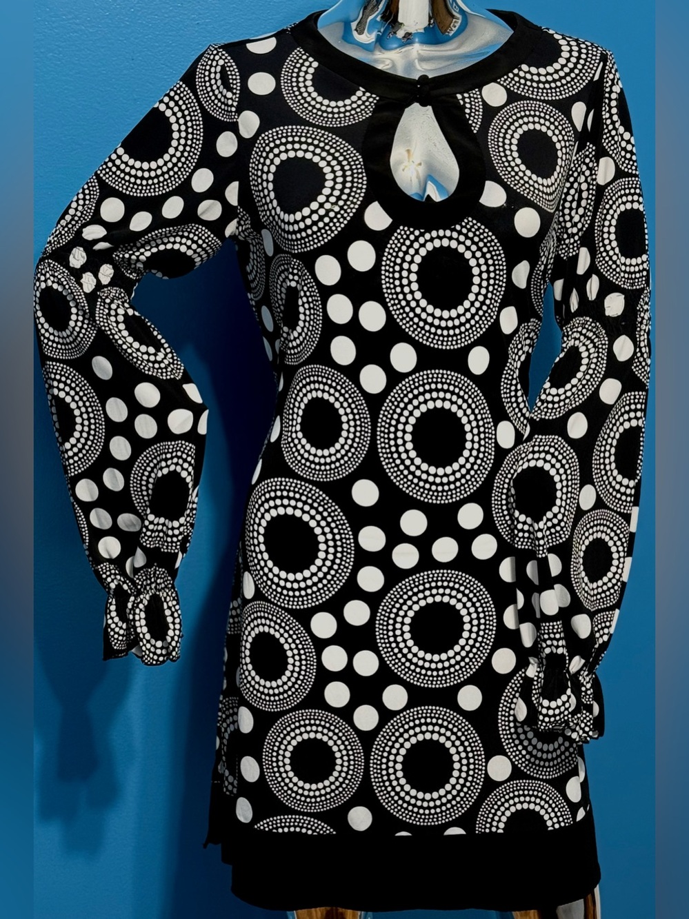 Vintage 90’s Bisou Bisou Black & White Polka Dots Geometric Circles mini dress L